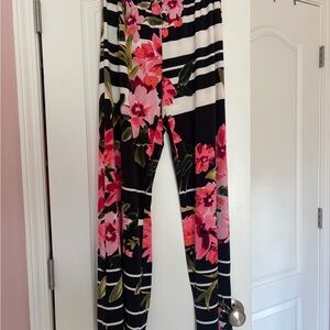 Melissa Paige Black & White Striped Wide Leg Jumpsuit with Pink Floral Print
